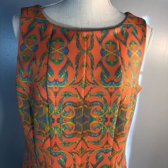 Gabby Skye Sleeveless Orange Multi Color Fit & Flare  Scuba Fabric Dress 12 - Picture 2 of 8